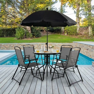 Tangkula 6PCS Patio Garden Dining Set W/ Round Table & 4 Folding Chairs & Umbrella 1 Tangkula 6PCS Patio Garden Dining Set W/ Round Table & 4 Folding Chairs & Umbrella