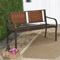 Tangkula Patio Garden Bench - Heavy-Duty Metal Park Chair with Rattan Backrest