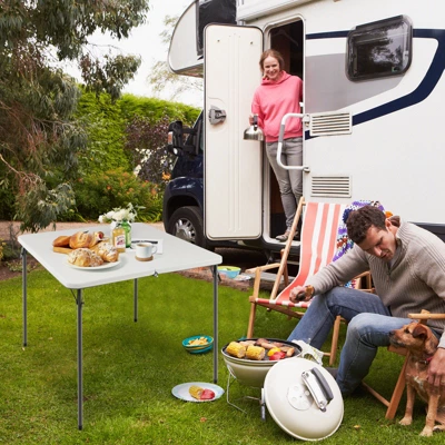 Tangkula Folding Camping Table Portable Picnic Table With All-Weather HDPE Tabletop Metal Frame & Carry Straps White/Gray 1 Tangkula Folding Camping Table Portable Picnic Table With All-Weather HDPE Tabletop Metal Frame & Carry Straps White/Gray
