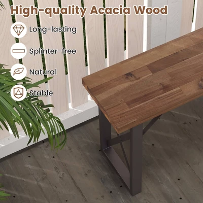Tangkula 59" Outdoor Acacia Wood Benches Set Of 2 For 2-3 Person W/ Metal Support 5 Tangkula 59" Outdoor Acacia Wood Benches Set Of 2 For 2-3 Person W/ Metal Support - Image 5