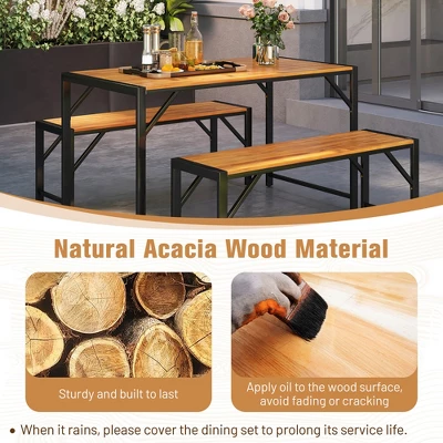 Tangkula 3 PCS Patio Dining Set For 6 People 53" Acacia Wood Picnic Table & 2 Benches 6 Tangkula 3 PCS Patio Dining Set For 6 People 53" Acacia Wood Picnic Table & 2 Benches - Image 6