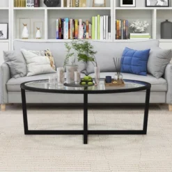 Tangkula Modern Glass Coffee Table W/ Cross Base & Acacia Wood Legs For Small Spaces -Tangkula Shop GUEST d08f0ce6 4467 45da b45e c9041ae08d19