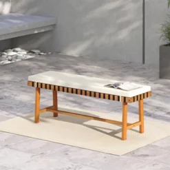 Tangkula 2PCS Outdoor Acacia Wood Bench With Cushion Breathable Rope Seat Patio Dining Bench For Entryway Garden Poolside Balcony