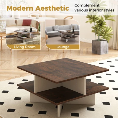Tangkula 2-Tier Square Coffee Table 24" Living Room Center Table With 4 Storage Compartments 5 Tangkula 2-Tier Square Coffee Table 24" Living Room Center Table With 4 Storage Compartments - Image 5
