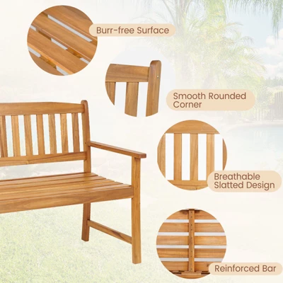 Tangkula 2-Person Outdoor Bench Patio Wooden Bench With Ergonomic Backrest & Armrests All-weather Acacia Wood Frame 43"x 22" 5 Tangkula 2-Person Outdoor Bench Patio Wooden Bench With Ergonomic Backrest & Armrests All-weather Acacia Wood Frame 43"x 22" - Image 5