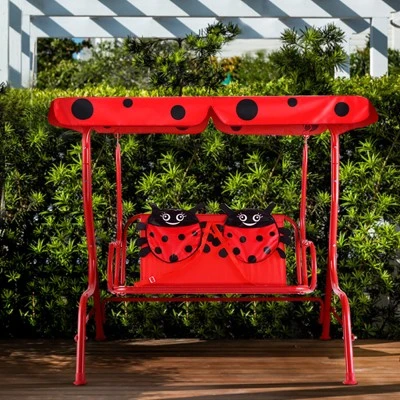 Tangkula Kids Patio Porch Bench Swing W/ Safety Belt Canopy Outdoor Furniture Red 3 Tangkula Kids Patio Porch Bench Swing W/ Safety Belt Canopy Outdoor Furniture Red - Image 3