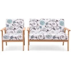 Tangkula 2 Piece Loveseat And Single Sofa Set Fabric Upholstered Couch & Accent Armchair White+Blue/Blue/Yellow Floral -Tangkula Shop GUEST d2928bae 01ce 4c20 b45f 1a31a0ec239b