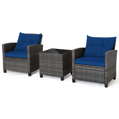Tangkula 3-Piece Outdoor Wicker Conversation Set with Navy Cushions 9 Tangkula 3-Piece Outdoor Wicker Conversation Set with Navy Cushions - Image 9