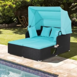 Tangkula Patio Hand-Woven PE Wicker Daybed Outdoor Loveseat Sofa Set W/ Turquoise Cushions 19 Tangkula Patio Hand-Woven PE Wicker Daybed Outdoor Loveseat Sofa Set W/ Turquoise Cushions -Tangkula Shop GUEST d29e078c 4446 4cc9 877e f0f93f928324