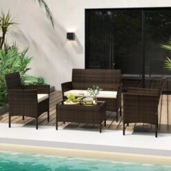Tangkula 4 Piece Patio Rattan Conversation Set with Tempered Glass Table