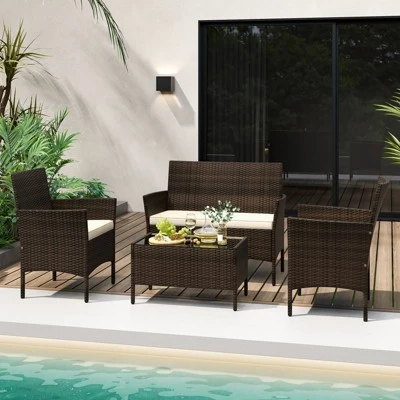 Tangkula 4 Piece Patio Rattan Conversation Set with Tempered Glass Table 1 Tangkula 4 Piece Patio Rattan Conversation Set with Tempered Glass Table