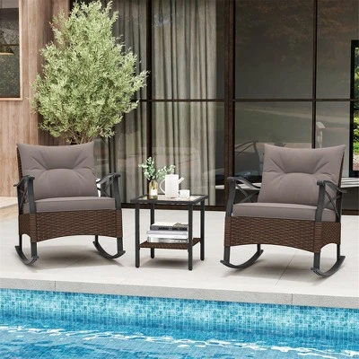 Tangkula 3 Pieces Outdoor Rocking Chairs Set Rattan Heavy Duty Cushioned Rocker Chairs With 2-Tier Tempered Glass Coffee Table 1 Tangkula 3 Pieces Outdoor Rocking Chairs Set Rattan Heavy Duty Cushioned Rocker Chairs With 2-Tier Tempered Glass Coffee Table