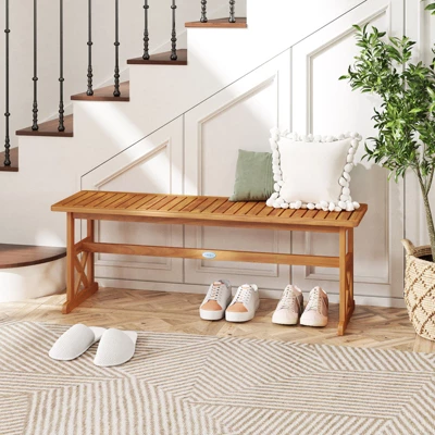 Tangkula 51-Inch Acacia Wood Outdoor Bench with X-Shaped Support Frame 2 Tangkula 51-Inch Acacia Wood Outdoor Bench with X-Shaped Support Frame - Image 2