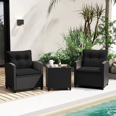 Tangkula 3 Piece Patio Furniture Set, Rattan Conversation Set W/Soft Seat & Back Cushions, Tempered Glass Topped Coffee Table Black 2 Tangkula 3 Piece Patio Furniture Set, Rattan Conversation Set W/Soft Seat & Back Cushions, Tempered Glass Topped Coffee Table Black - Image 2