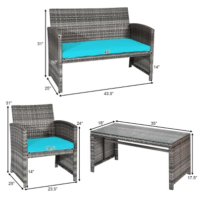 Tangkula 4-Piece Rattan Wicker Outdoor Patio Conversation Set - Turquoise 1 Tangkula 4-Piece Rattan Wicker Outdoor Patio Conversation Set - Turquoise