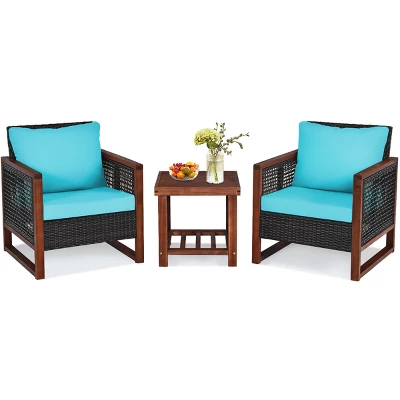 Tangkula 3PCS Patio Rattan Bistro Set Acacia Wood Frame Cushioned Sofa And Side Table 8 Tangkula 3PCS Patio Rattan Bistro Set Acacia Wood Frame Cushioned Sofa And Side Table - Image 8