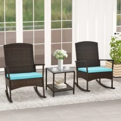 Tangkula 3-Piece Outdoor Rocking Wicker Bistro Set with 2-Tier Side Table