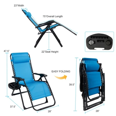 Tangkula Oversized Zero Gravity Lounge Chair Folding Recliner W/ Cup Holder & Pillow Blue 2 Tangkula Oversized Zero Gravity Lounge Chair Folding Recliner W/ Cup Holder & Pillow Blue - Image 2