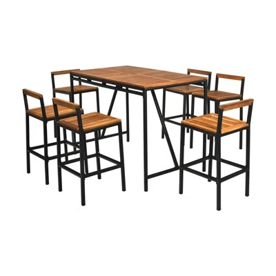 Tangkula 7-Piece Patio Rattan Bar Set with Acacia Wood Top and 6 Stools 2 Tangkula 7-Piece Patio Rattan Bar Set with Acacia Wood Top and 6 Stools - Image 2