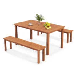 Tangkula Set Of 3 Patio Dining Set Solid Wood Dining Table W/2 Benches 2" Umbrella Hole -Tangkula Shop GUEST d80d2dec fd86 4418 9eed b49261e81ec2
