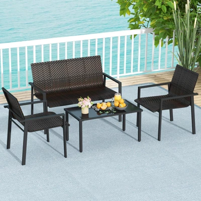 Tangkula 4-Piece Outdoor Patio Furniture Set with Heavy-Duty Wicker Chairs and Coffee Table 2 Tangkula 4-Piece Outdoor Patio Furniture Set with Heavy-Duty Wicker Chairs and Coffee Table - Image 2