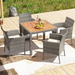Tangkula Outdoor PE Wicker Chairs Set Of 4 Patio Dining Armchairs W/ Padded Cushions