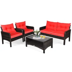 Tangkula 4 Piece Patio Conversation Set Rattan Wicker Loveseat Sofa Coffee Table & Glass Top Red/Turquoise Cushions 15 Tangkula 4 Piece Patio Conversation Set Rattan Wicker Loveseat Sofa Coffee Table & Glass Top Red/Turquoise Cushions -Tangkula Shop GUEST d8d85d04 8b7c 4275 820c b9324f903303