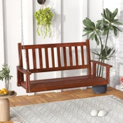 Tangkula 2-Person Outdoor Wooden Porch Swing with Adjustable Hanging Chains