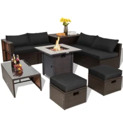 Tangkula 9 PCS Outdoor Patio Furniture Set W/ 30" Propane Fire Pit Table PE Wicker Space-Saving Sectional Sofa W/ Storage Box And Cushions Black/Gray/Navy/Red/Turquoise/Off White -Tangkula Shop GUEST d949e5dd 1dea 468d 988f f053c4513f1b