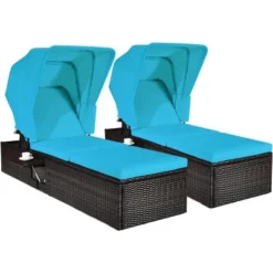 Tangkula 2PCS Rattan Patio Chaise Lounge Chair W/ Adjustable Canopy Turquoise Cushion -Tangkula Shop GUEST d954b00a ccb5 46d8 acea 86bdaaaa4bef