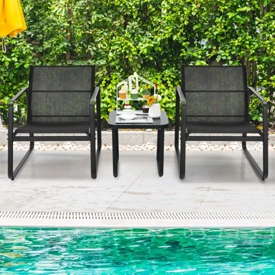 Tangkula Set Of 3 Outdoor Bistro Furniture Set Patio Table & Chairs Set For Backyard Poolside Lawn Black 1 Tangkula Set Of 3 Outdoor Bistro Furniture Set Patio Table & Chairs Set For Backyard Poolside Lawn Black