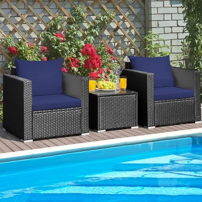 Tangkula 3-Piece Outdoor Rattan Conversation Set - Navy Blue Cushions 2 Tangkula 3-Piece Outdoor Rattan Conversation Set - Navy Blue Cushions - Image 2