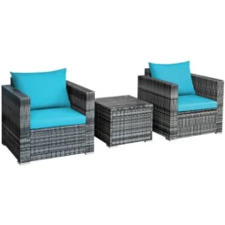 Tangkula 3PCS Patio Rattan Furniture Set Outdoor Bistro Set W/Washable Cushion For Garden Poolside Backyard Turquoise -Tangkula Shop GUEST d9d4733e 7714 4b19 8127 972bf34b468e