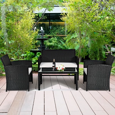 Tangkula 4 Piece Outdoor Patio Rattan Furniture Set Black Wicker Cushioned Seat For Garden, Porch, Lawn 2 Tangkula 4 Piece Outdoor Patio Rattan Furniture Set Black Wicker Cushioned Seat For Garden, Porch, Lawn - Image 2