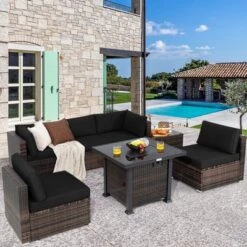 Tangkula 7-Piece Outdoor Rattan Sectional Sofa Set with 50,000 BTU Propane Fire Pit Table