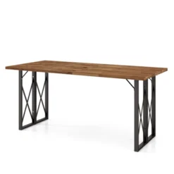 Tangkula 67" Heavy-Duty Rectangle Table Acacia Wood Dining Table W/ Umbrella Hole Patio