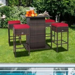 Tangkula Tangkula 5PCS Patio Bar Set Rattan Bar Furniture Set W/ Table & 4 Cushioned Stools Red -Tangkula Shop GUEST da9e3197 e797 4e5f b573 1c8b5f23c697