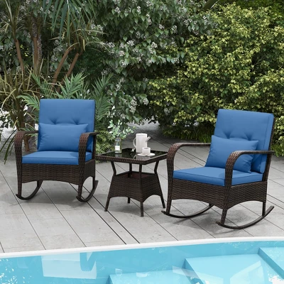 Tangkula 3 Piece Outdoor Rocking Set Rattan Rocker Chairs W/ Tempered Glass Coffee Table 2 Tangkula 3 Piece Outdoor Rocking Set Rattan Rocker Chairs W/ Tempered Glass Coffee Table - Image 2