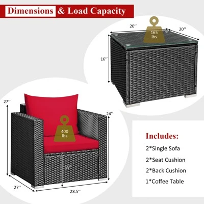 Tangkula 3PCS Patio Rattan Furniture Conversation Set With 2 Cushioned Sofas & Coffee Table For Outdoor 1 Tangkula 3PCS Patio Rattan Furniture Conversation Set With 2 Cushioned Sofas & Coffee Table For Outdoor