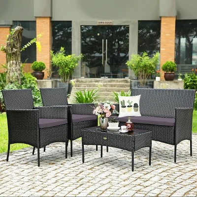 Tangkula 4-Piece Rattan Outdoor Furniture Set with Cushioned Sofa and Table 1 Tangkula 4-Piece Rattan Outdoor Furniture Set with Cushioned Sofa and Table