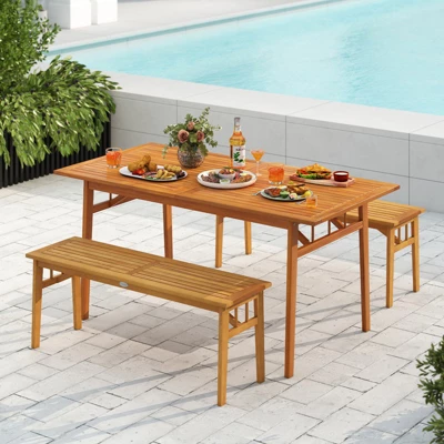 Tangkula 2 PCS Acacia Wood Outdoor Bench 48" Long Backless Wooden Picnic Bench W/ Slatted Seat 2 Tangkula 2 PCS Acacia Wood Outdoor Bench 48" Long Backless Wooden Picnic Bench W/ Slatted Seat - Image 2