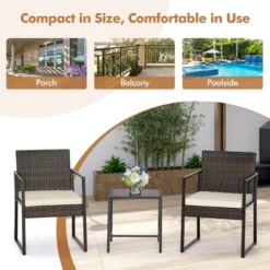 Tangkula 3PCS Patio Rattan Hand-Woven PE Wicker Bistro Set Outdoor Furniture Set W/ Table & Cushion -Tangkula Shop GUEST de2eebd7 ded4 4d90 a488 b2c83aa919fe