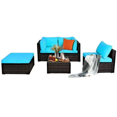 Tangkula 5-Piece Outdoor Patio Sectional Rattan Wicker Conversation Sofa Set With Turquoise/Yellowish Cushions 5 Tangkula 5-Piece Outdoor Patio Sectional Rattan Wicker Conversation Sofa Set With Turquoise/Yellowish Cushions - Image 5