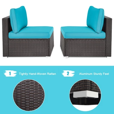 Tangkula 2PCS Patio Wicker Rattan Sectional Armless Chair Sofa W/ Turquoise Cushion 9 Tangkula 2PCS Patio Wicker Rattan Sectional Armless Chair Sofa W/ Turquoise Cushion - Image 9