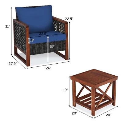 Tangkula 3PCS Patio Rattan Bistro Set Acacia Wood Frame Cushioned Sofa And Side Table 1 Tangkula 3PCS Patio Rattan Bistro Set Acacia Wood Frame Cushioned Sofa And Side Table