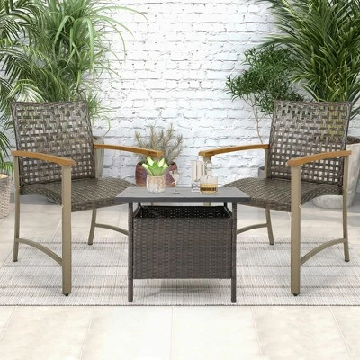 Tangkula Outdoor Rattan Chair Set Of 4 Patio PE Wicker Dining Chairs W/ Acacia Wood Armrests Balcony Poolside 4 Tangkula Outdoor Rattan Chair Set Of 4 Patio PE Wicker Dining Chairs W/ Acacia Wood Armrests Balcony Poolside - Image 4