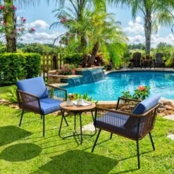Tangkula 3 Pieces Outdoor Conversation Set with Blue Padded Cushions