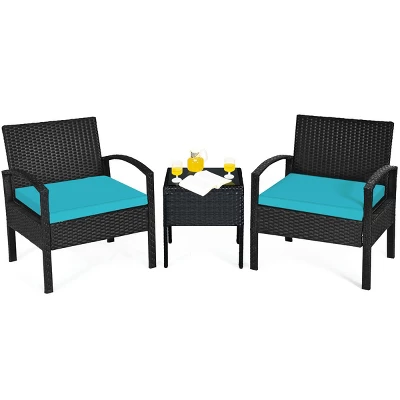 Tangkula 3 Pieces Patio Set Outdoor Wicker Rattan Furniture W/ Cushions Turquoise 3 Tangkula 3 Pieces Patio Set Outdoor Wicker Rattan Furniture W/ Cushions Turquoise - Image 3
