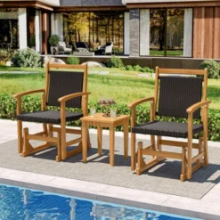Tangkula 2-Piece Patio Rattan Glider Chair Set with Acacia Wood Frame