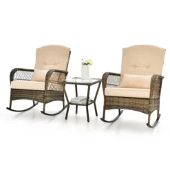 Tangkula Patio Set Of 3 Rocking Wicker Bistro Set W/ Tempered Glass Side Table Mix Brown -Tangkula Shop GUEST e0208992 5f0d 46fd 8643 45ca34fd7f9d
